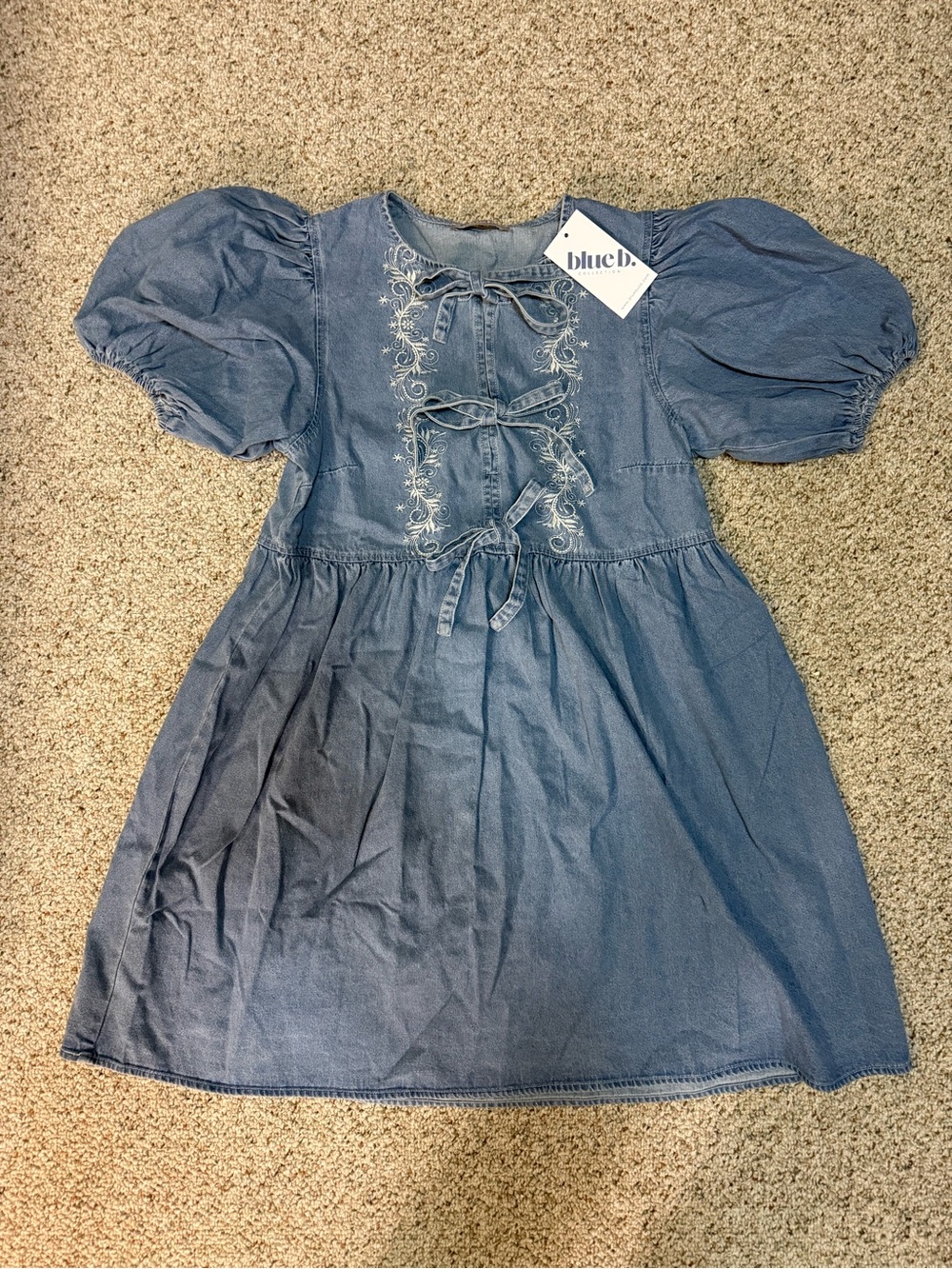 Blue B. Girls' Chambray Puff Sleeve Dress with Embroidered Front